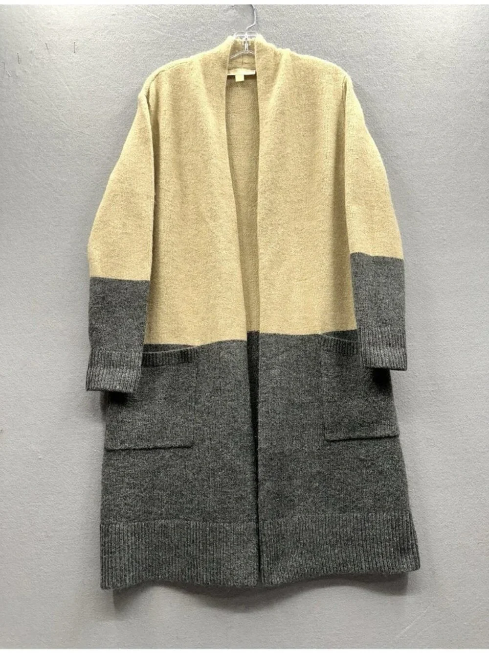 Michael Kors Cardigan Women S Long Open Front Beige Grey Pockets Colorblock EUC